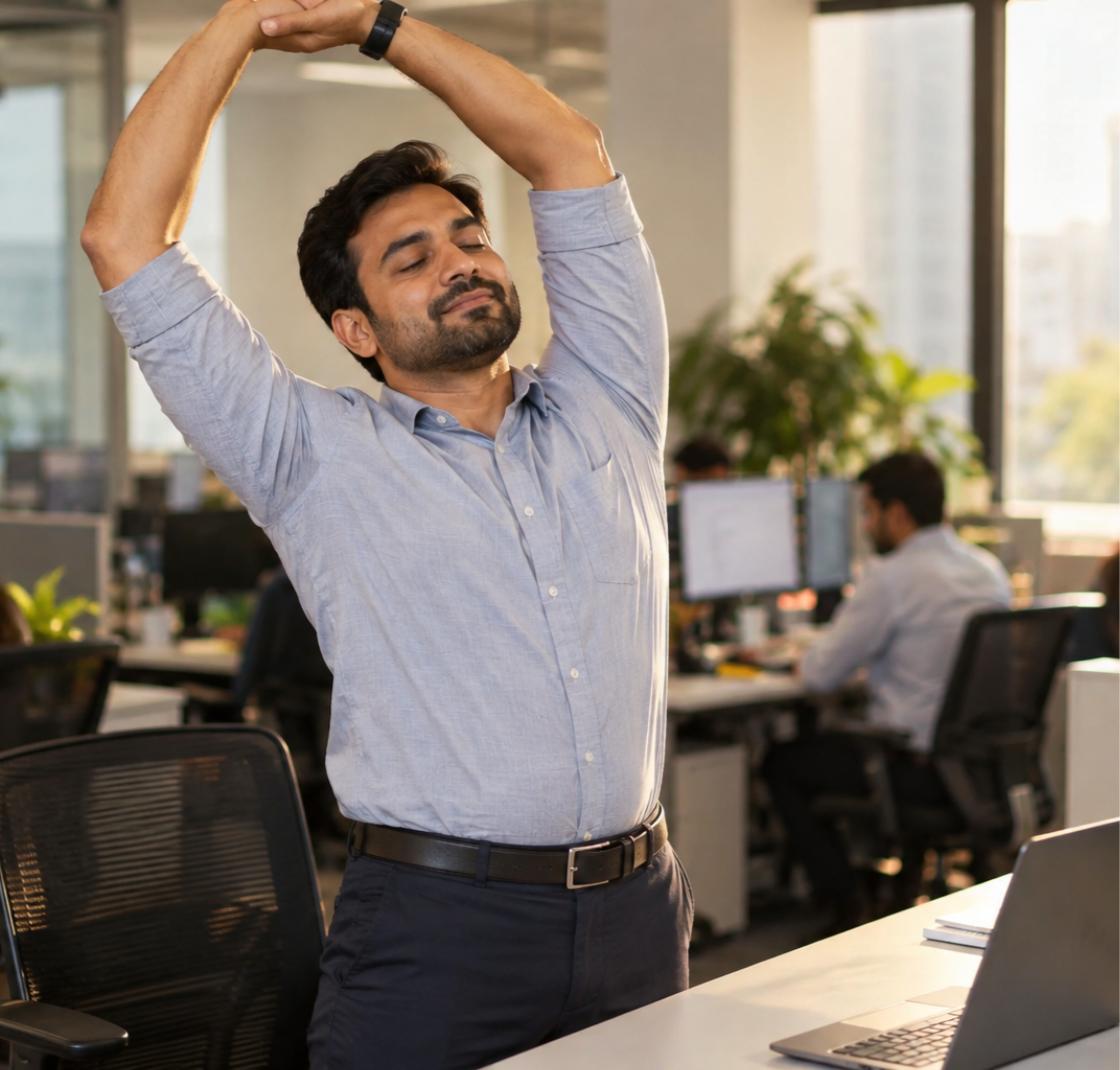 45-minute sitting rule self-check - office worker stretching beside desk