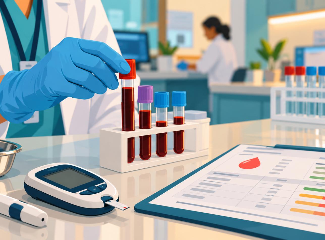 Lab technician handling blood sample tubes beside a glucometer and lipid report for health checkup tests after 30 for men