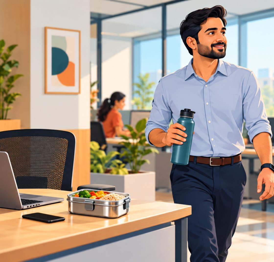 Office worker taking a walking break with a water bottle and healthy lunch, building habits alongside health checkup tests after 30 for men