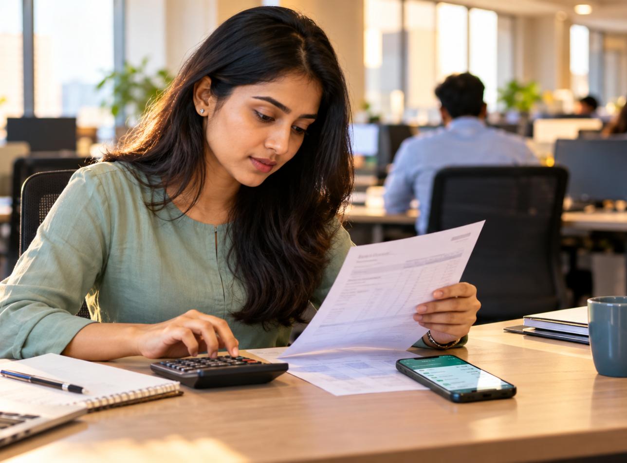 Office employee comparing a salary slip with a calculator and phone to see how the EPF wage ceiling increased to 25000 changes her take-home pay