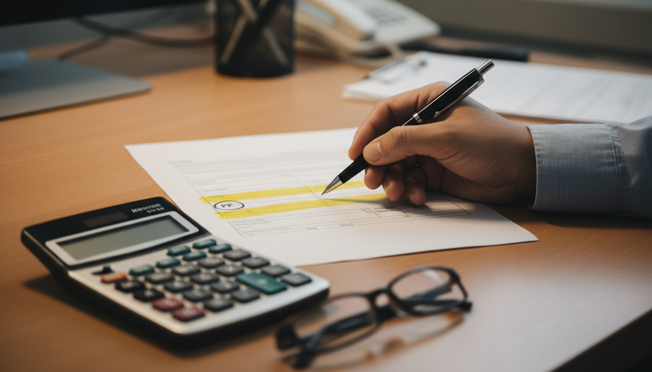 Person reviewing a salary slip with a calculator and pen to see how the EPF wage ceiling increased to 25000 affects take-home pay