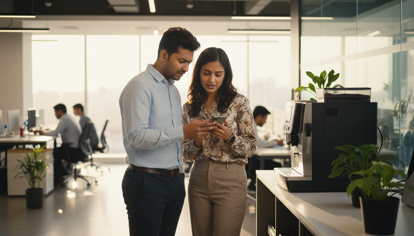 Two office colleagues looking at a phone together while discussing changes to their salary and PF deductions