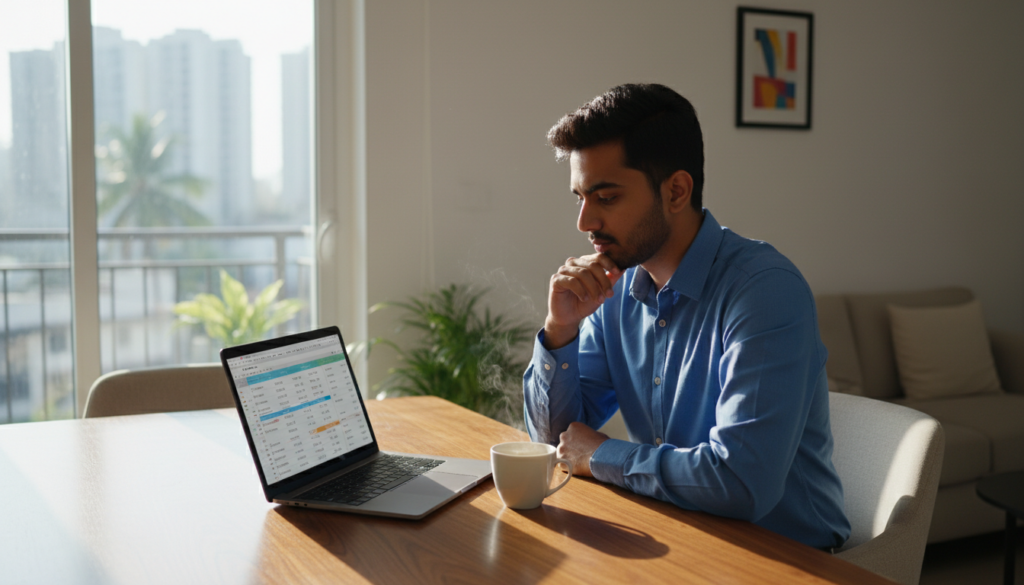 Working professional at a laptop with a spreadsheet, reviewing how the EPF wage ceiling increased to 25000 changes his salary