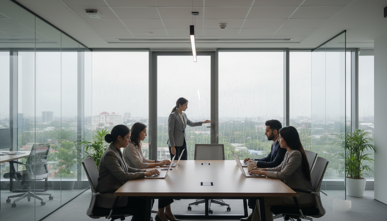 Indian corporate office team in a meeting room during monsoon season