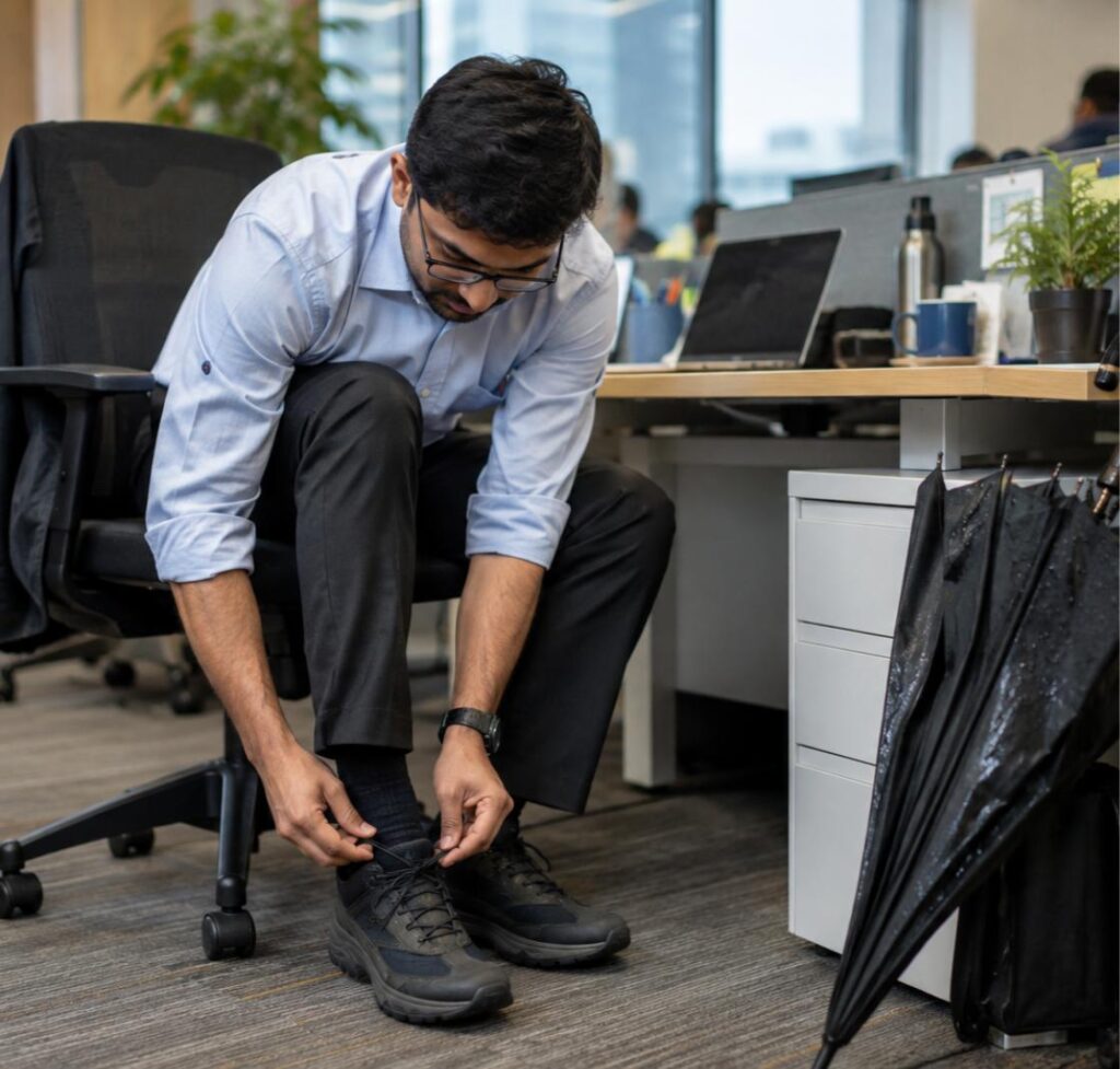 Indian office employee tying waterproof shoes at his desk with a wet umbrella nearby, a key monsoon office illness prevention india habit