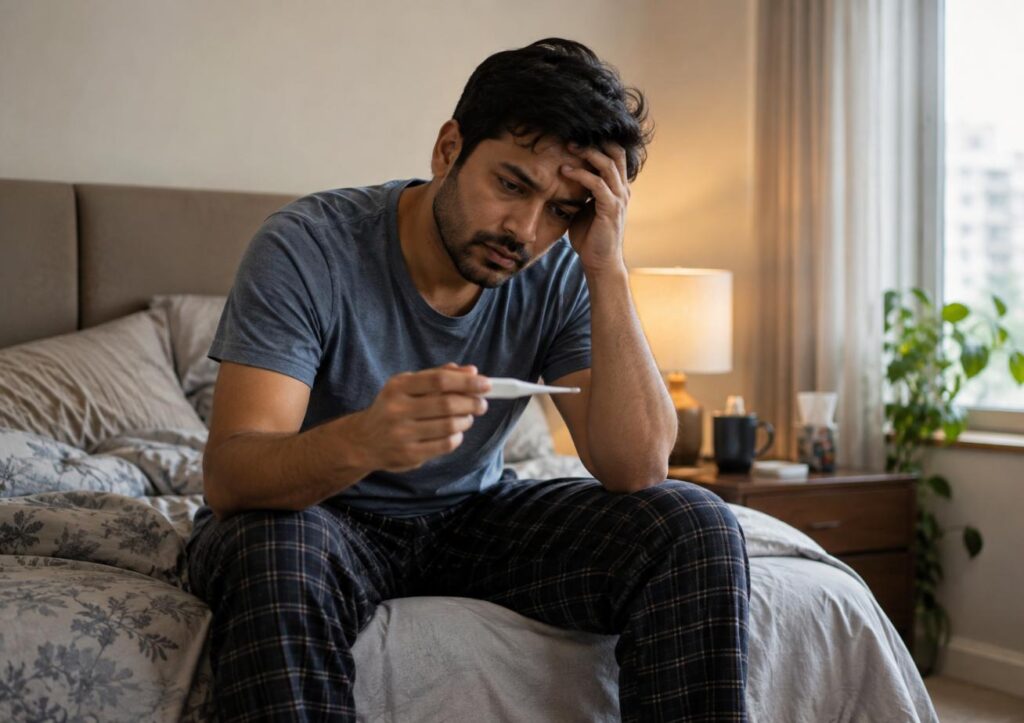 Indian professional checking a fever with a thermometer at home, deciding whether to stay home from the office