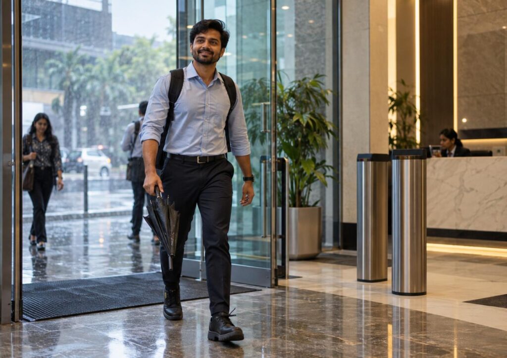 Healthy Indian professional arriving prepared at the office on a rainy day, following monsoon office illness prevention india habits
