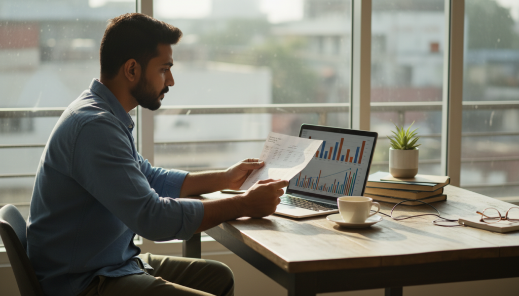 Indian couple reviewing rent receipts and salary papers to understand the new income tax rules 2026 for HRA, meal cards, and company car perks