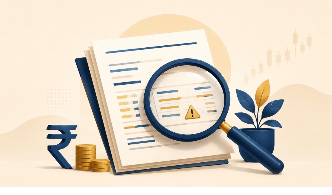 Magnifying glass over a mutual fund statement, highlighting hidden base expense ratio fee traps to watch for