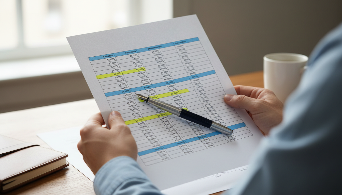 Hands reviewing a mutual fund statement with the base expense ratio line highlighted