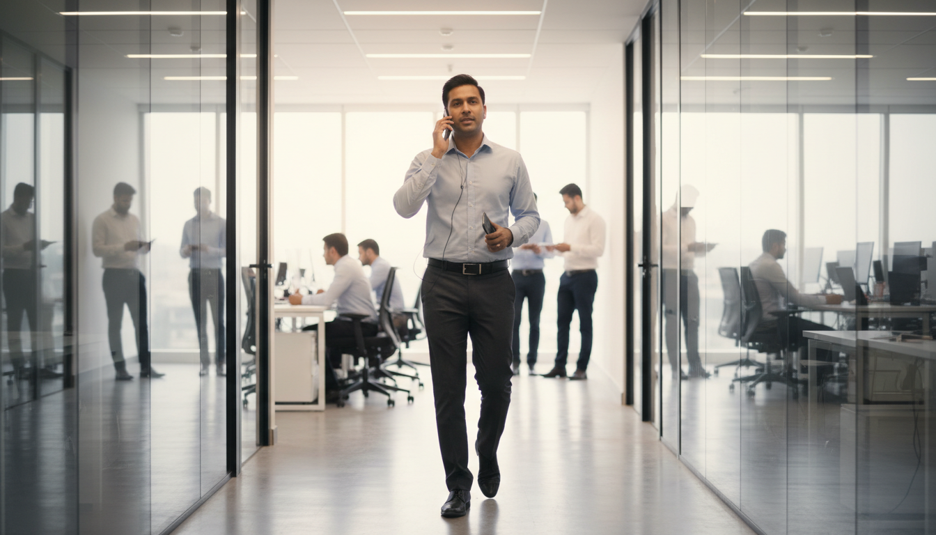 Sedentary lifestyle Indian office workers breaking prolonged sitting with a walking call in an office corrido