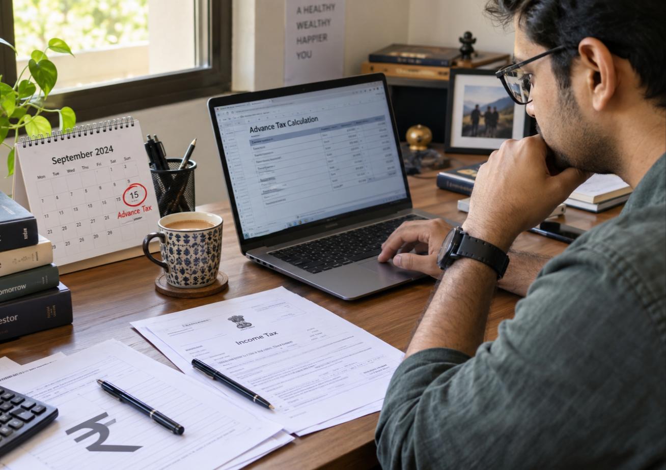 Indian professional calculating advance tax payment on laptop with September 15 deadline circled on calendar