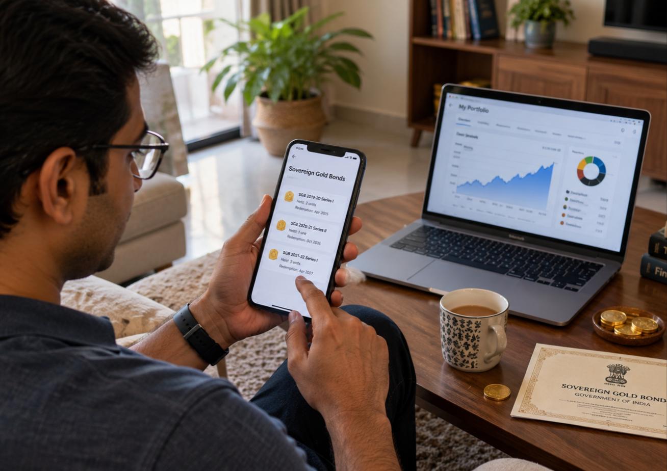 Indian investor reviewing Sovereign Gold Bond redemption dates on phone with portfolio chart on laptop