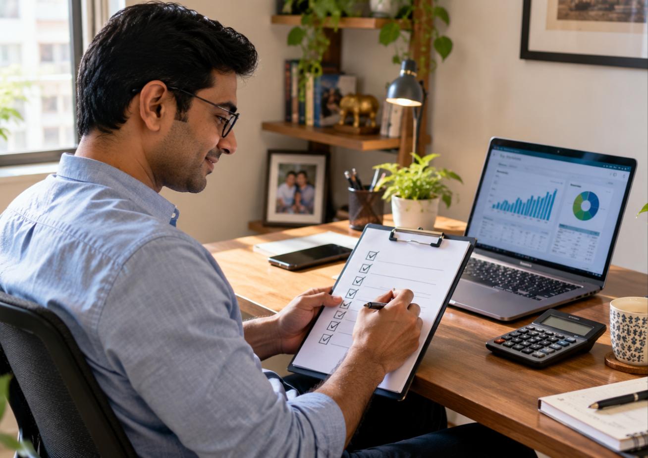 Indian professional completing a September 2026 tax and investing deadlines checklist at a home office desk