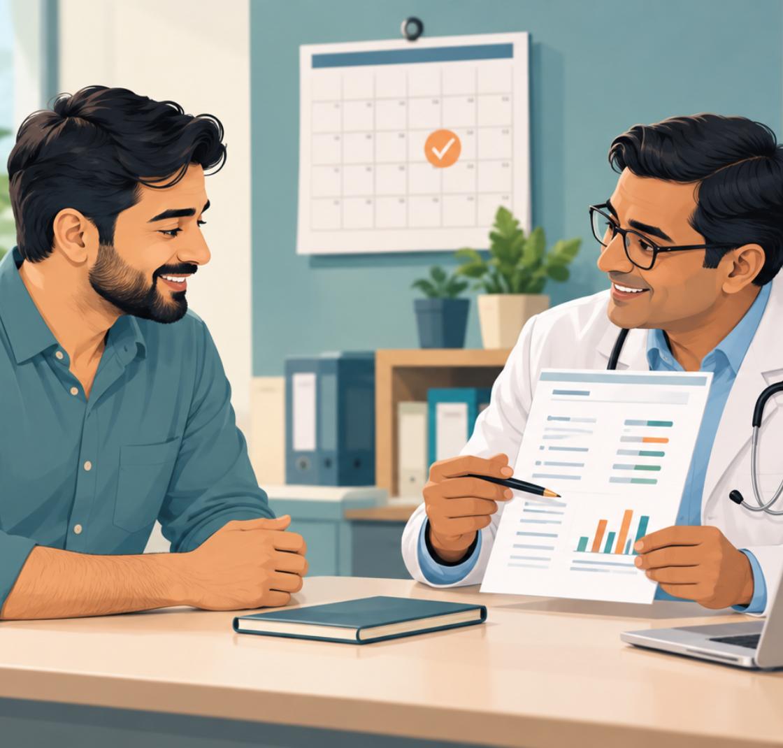 Doctor reviewing a blood test report with a man during a yearly health checkup after 30