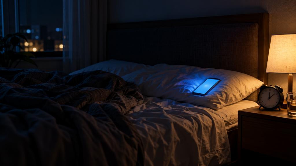 Dark bedroom at night with a phone glowing on a rumpled bed, showing one cause of sleeping less than 6 hours side effects