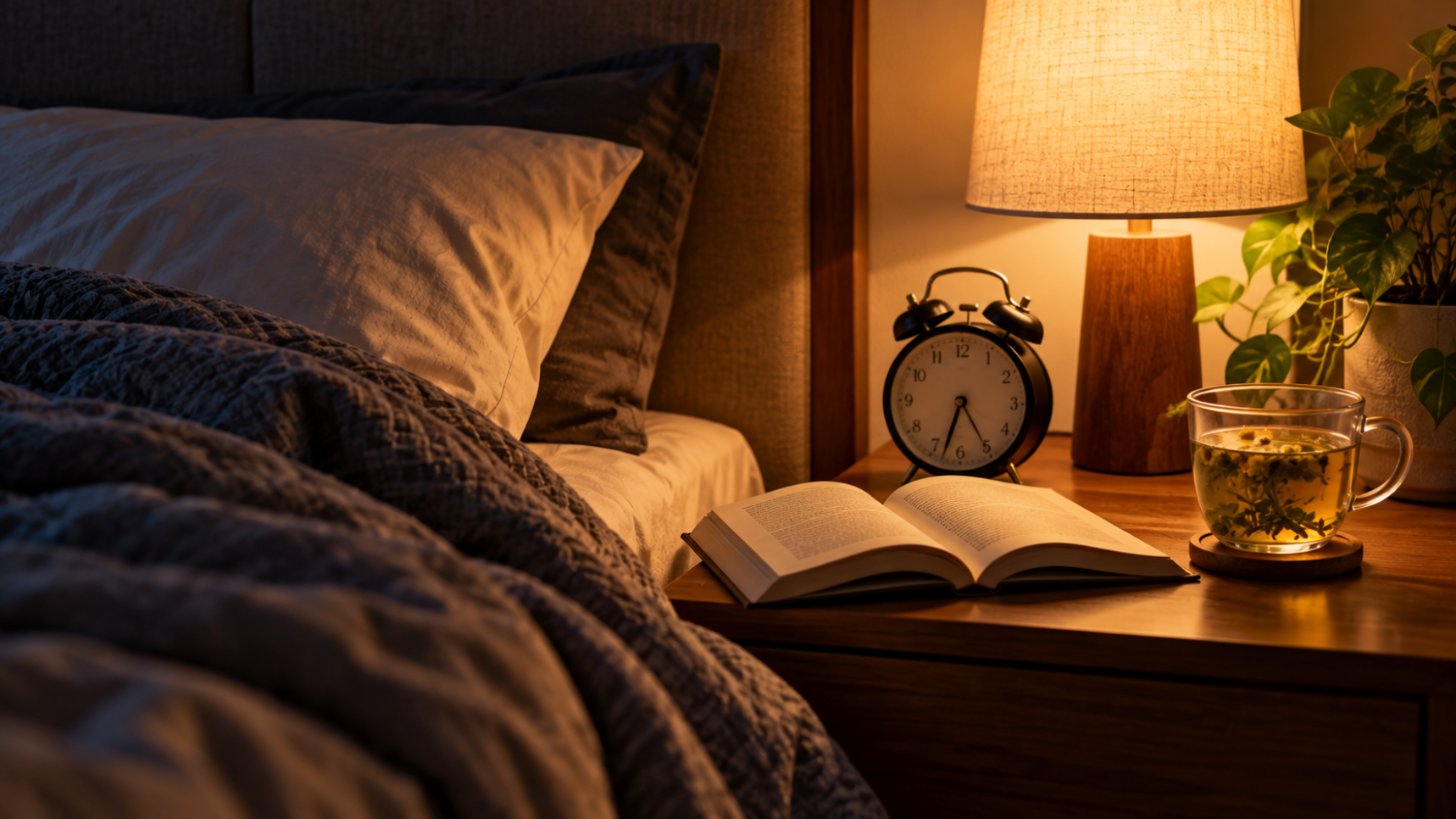 Calm bedside table with lamp, open book, herbal tea and alarm clock for a 14-day reset after sleeping less than 6 hours side effects
