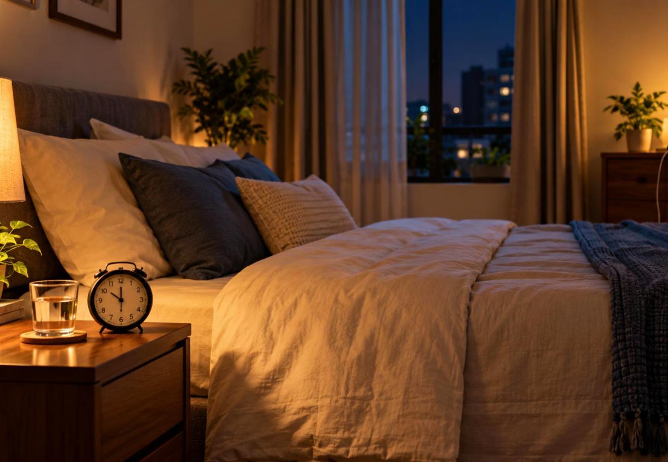 Calm bedroom at night with a glass of water and an alarm clock on the bedside table and a phone charging away from the bed
