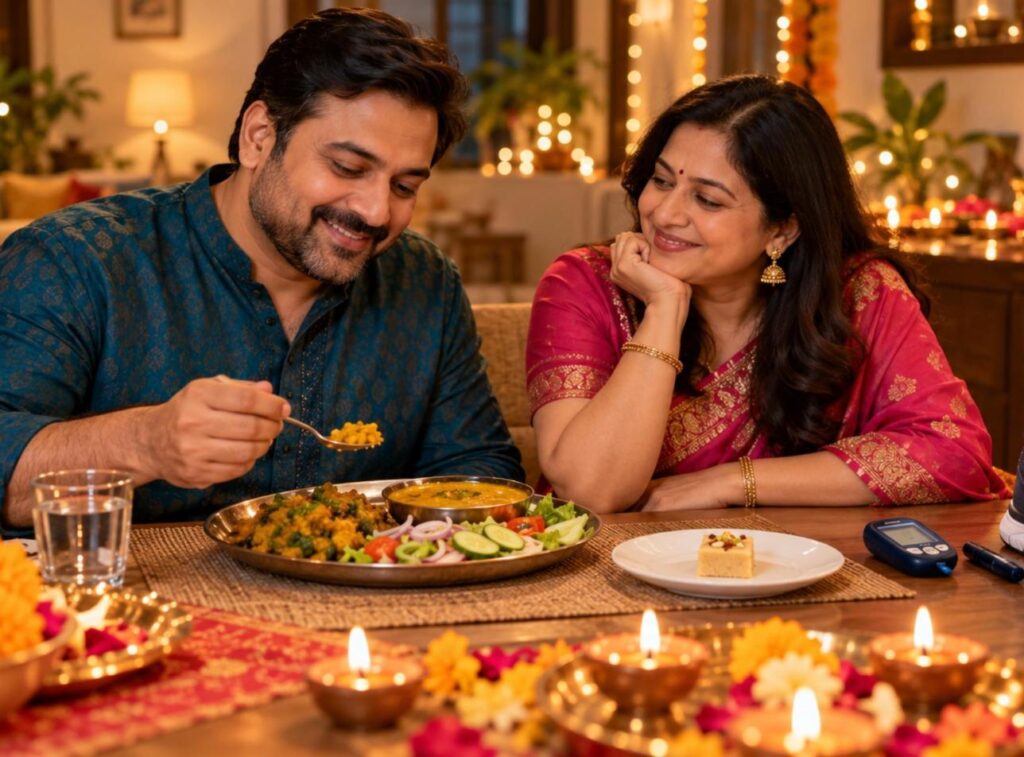 Smiling Indian couple at a festive Diwali table with a balanced plate, one small mithai piece and a glucometer, showing how to avoid sugar spike during diwali