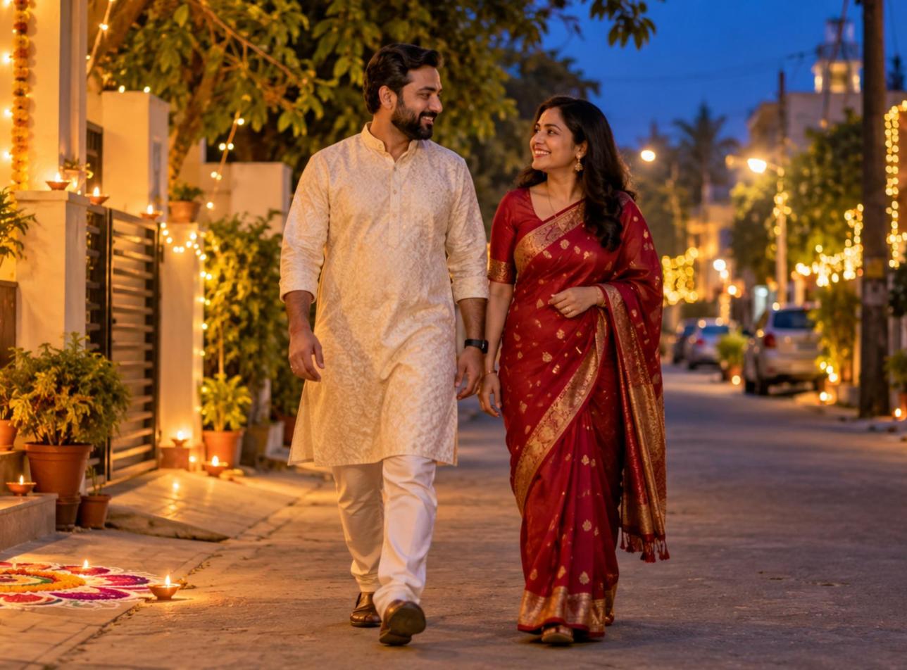 Indian couple in festive clothes taking a short walk past diyas and rangoli on an evening lane after dinner