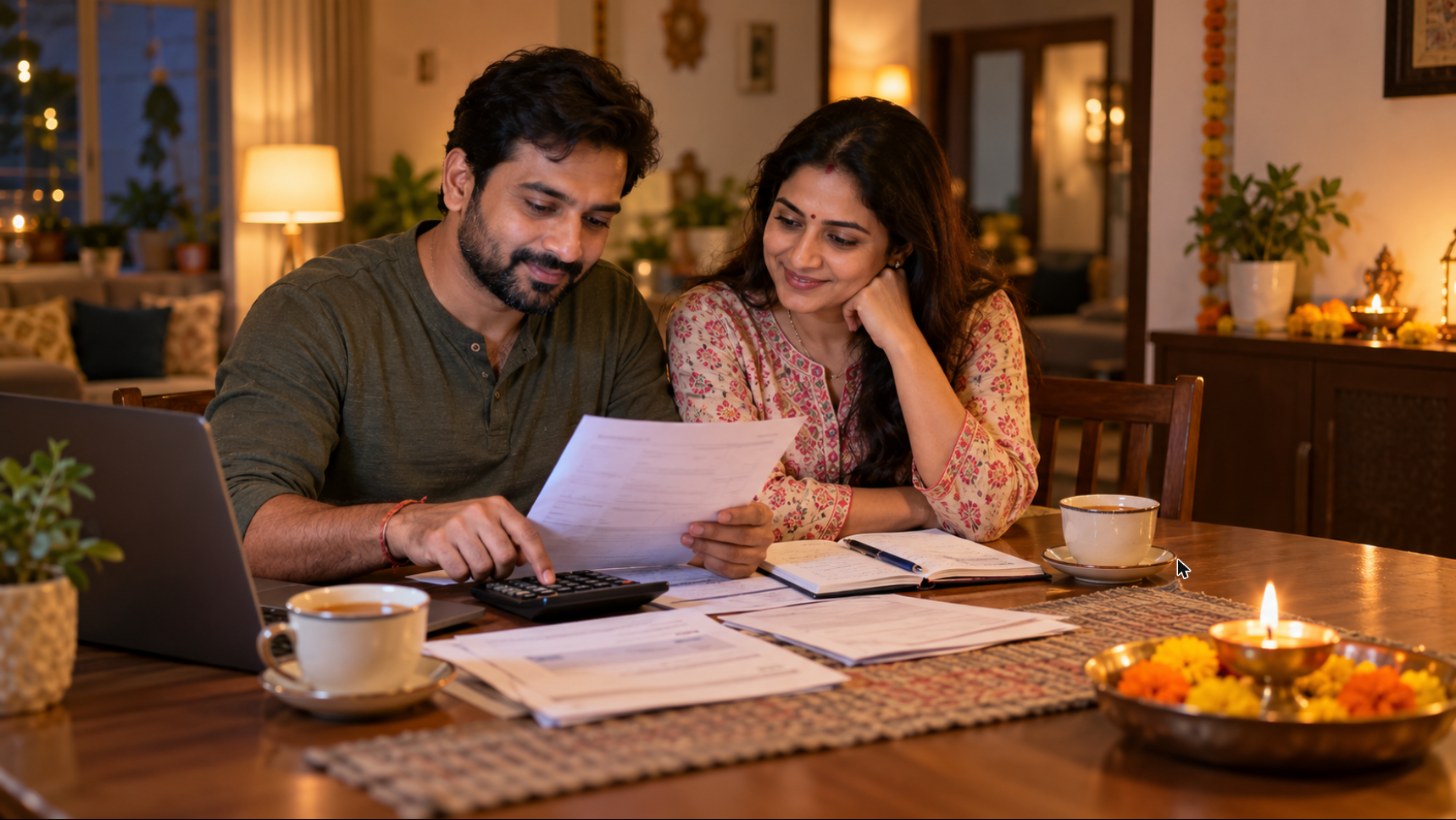Indian couple at a dining table reviewing credit card statements with a calculator and chai, planning how to clear credit card debt in India before Diwali