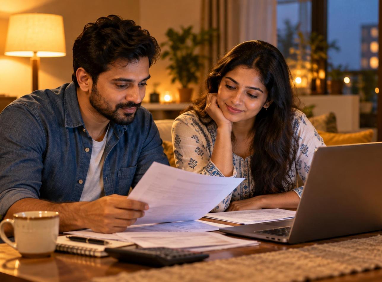 Couple reviewing papers on health insurance for wife separate from employer cover at home in the evening