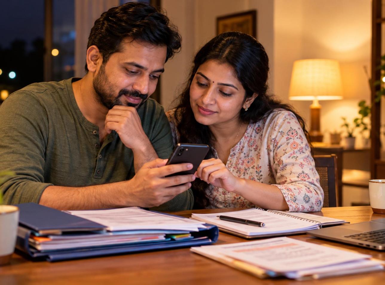 Husband and wife updating nominee details on a smartphone with a folder of family documents on the table
