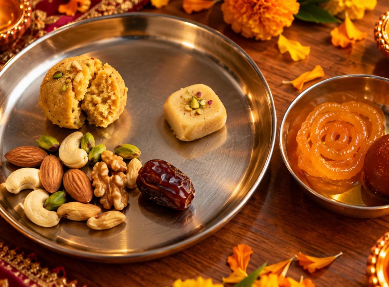 Steel thali with half a besan laddu, a peda, nuts and a date, next to a bowl of jalebi and gulab jamun