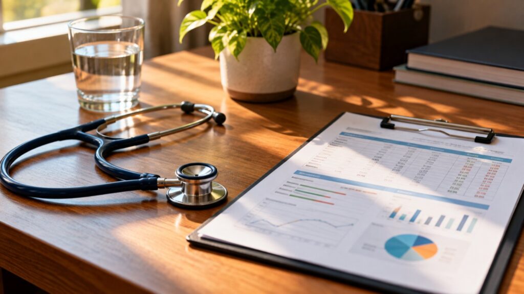 Stethoscope, glass of water and a health report on a desk, representing health checkup tests after 30 for men