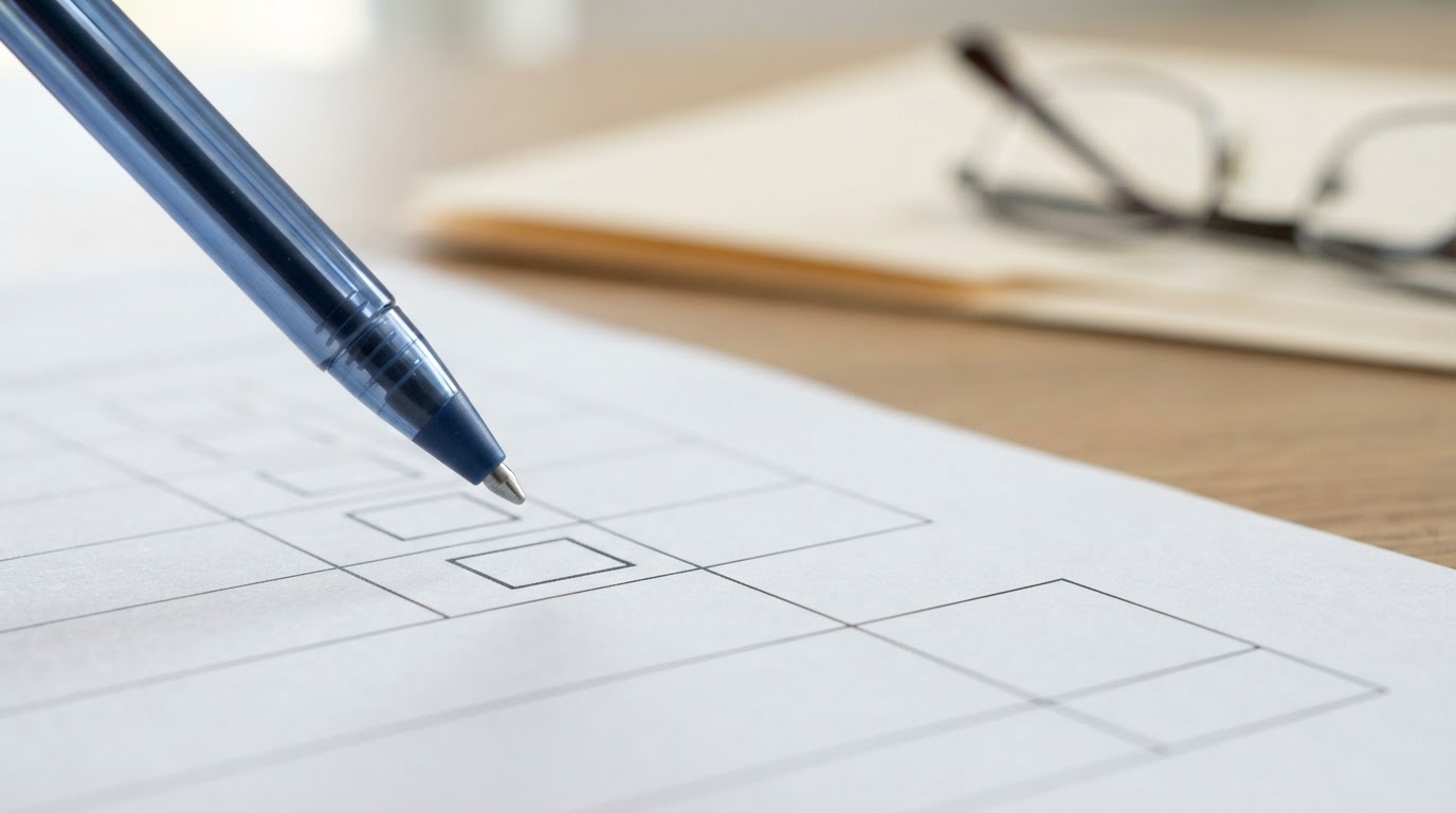 Blue pen pointing at a blank insurance form on a desk, with spectacles and a file folder in the background