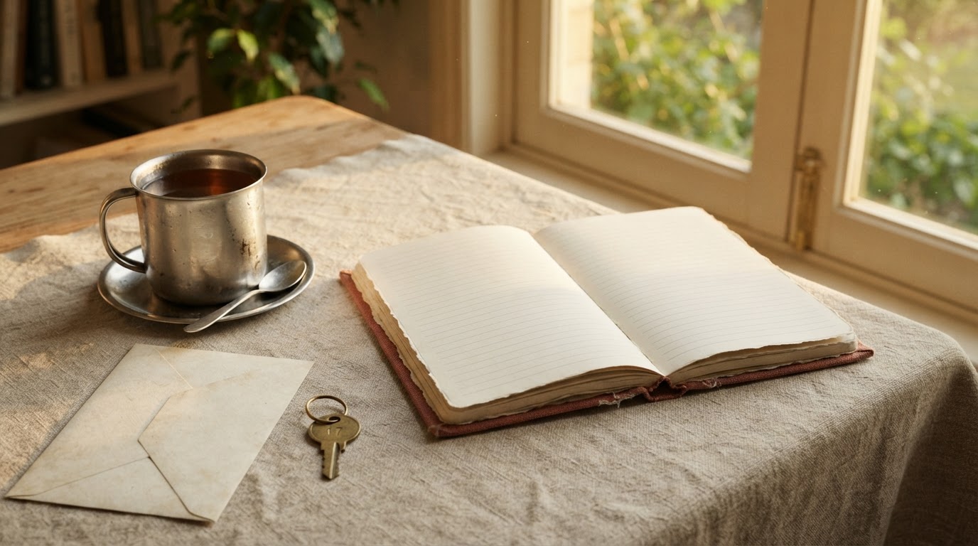 Open journal, cup of chai, an envelope and house keys on a linen-covered table beside a sunlit window