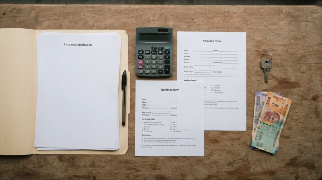 Insurance application forms, a calculator, a pen, house keys and rupee notes laid out on a wooden desk for health insurance for wife separate from employer cover