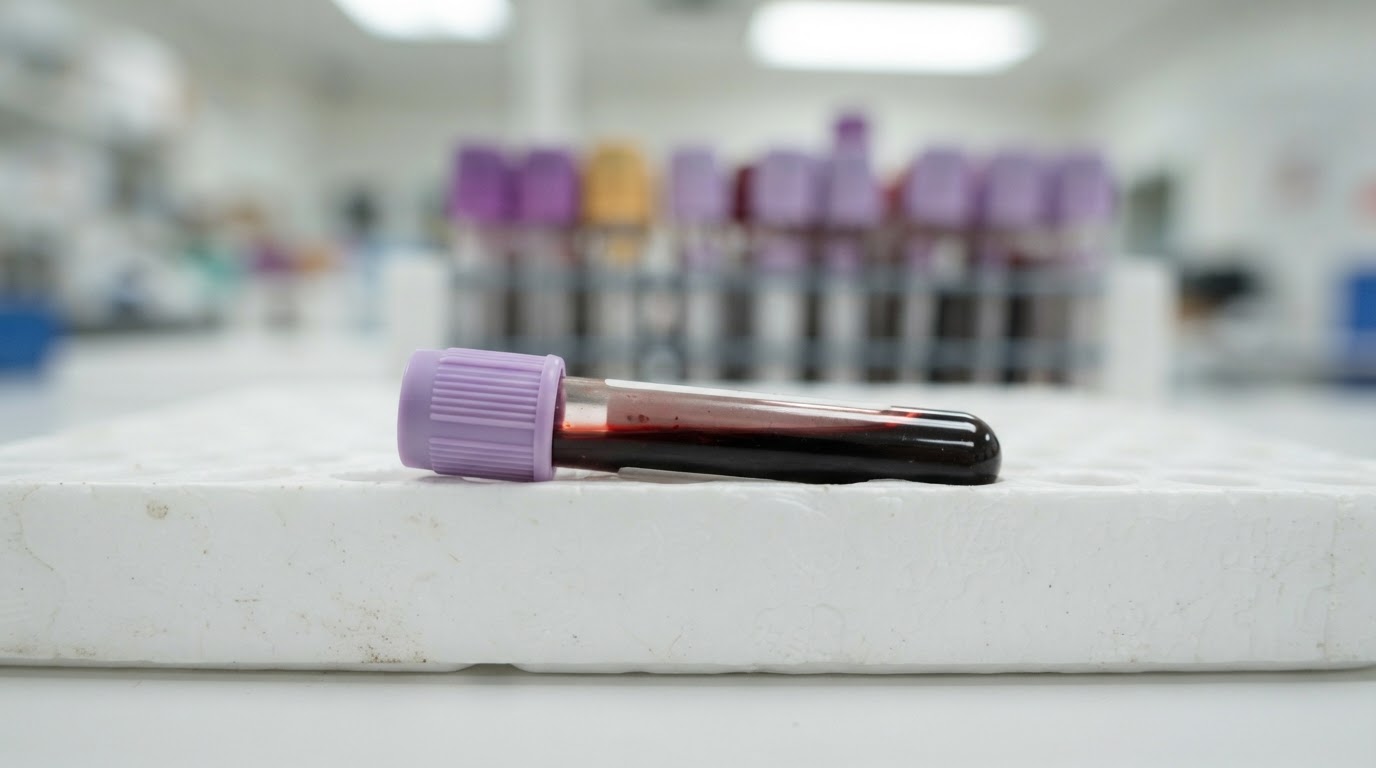 Blood sample tube with a purple cap resting on a lab tray, with more sample tubes blurred behind it