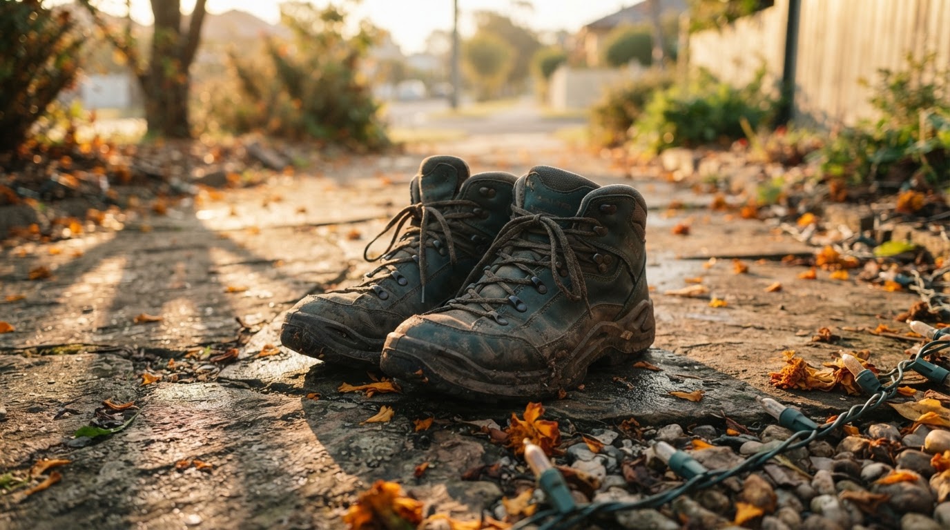 Pair of worn walking boots on a leaf-strewn lane in soft evening light, a reminder to walk after meals