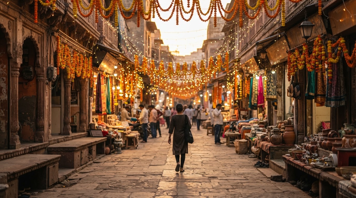 How to clear credit card debt in India: woman walking through a Diwali-lit market street, keeping festive spending inside a cap