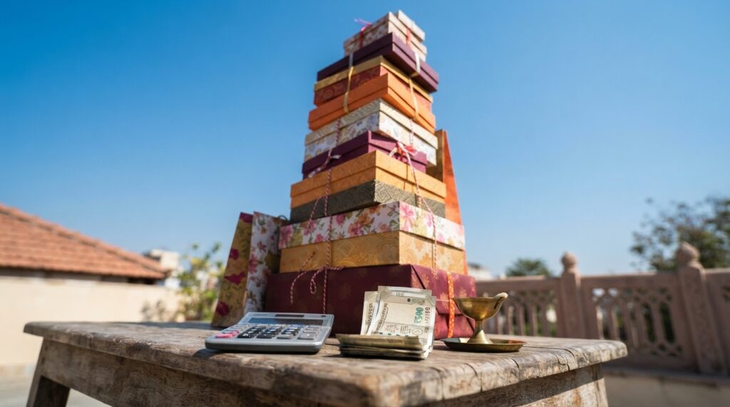 Stack of Diwali gift boxes beside a calculator, cash and a brass diya on a table, showing festive spending versus credit card debt