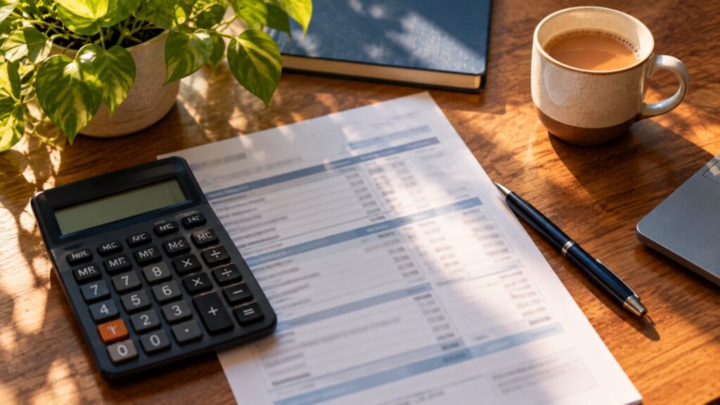 Calculator, salary slip and pen on a desk for working out income tax slabs 2026 27 take-home pay