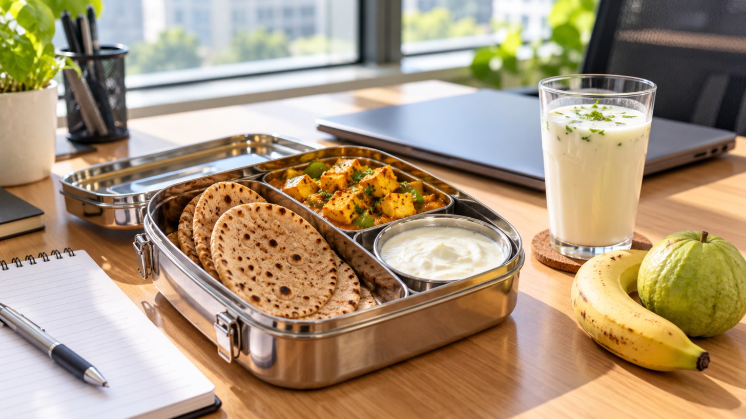 Office desk with a steel tiffin of roasted rotis, paneer sabzi and curd with buttermilk, a practical lunch for the navratri fasting diet for office workers