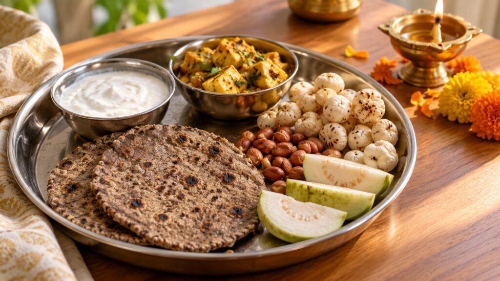 Navratri vrat thali with kuttu rotis, curd, paneer sabzi, makhana, peanuts and guava, a balanced navratri fasting diet for office workers