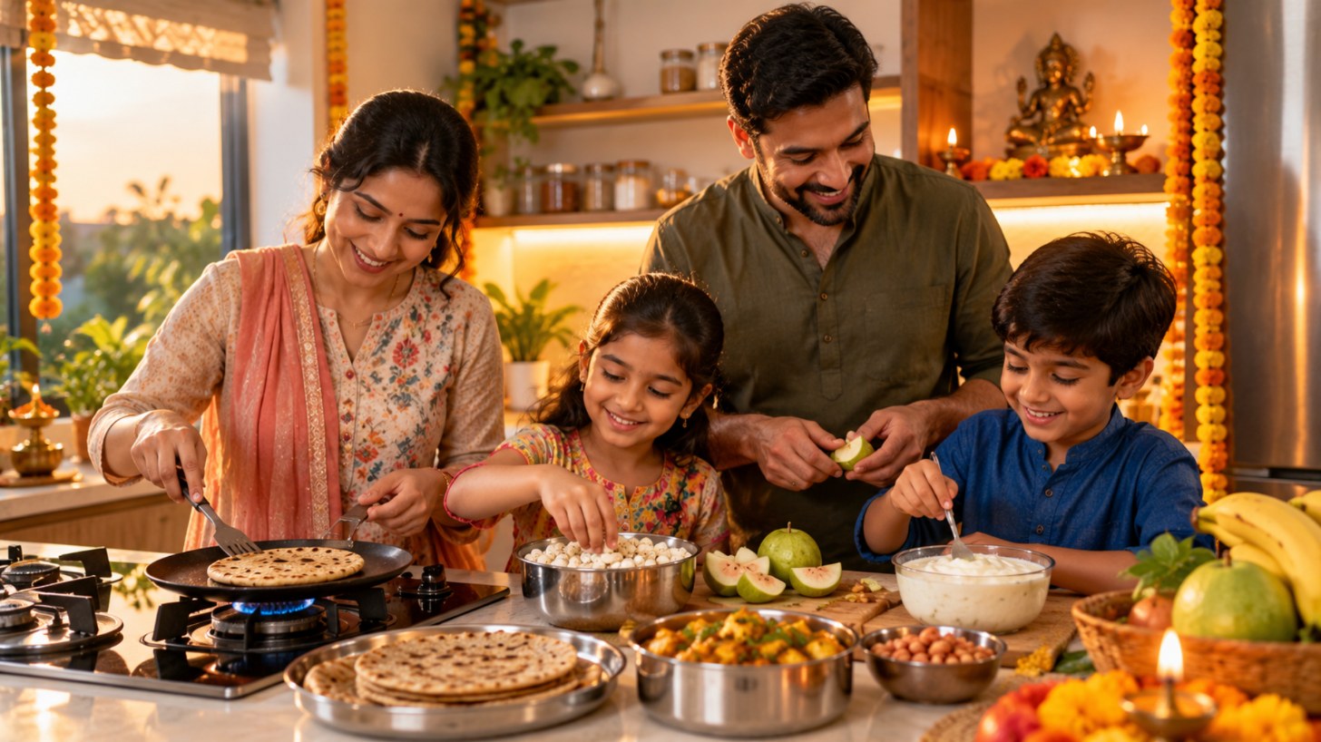 Smiling Indian family cooking a vrat meal together in a festive kitchen with marigolds and a diya, the heart of a family-friendly navratri fasting diet for office workers