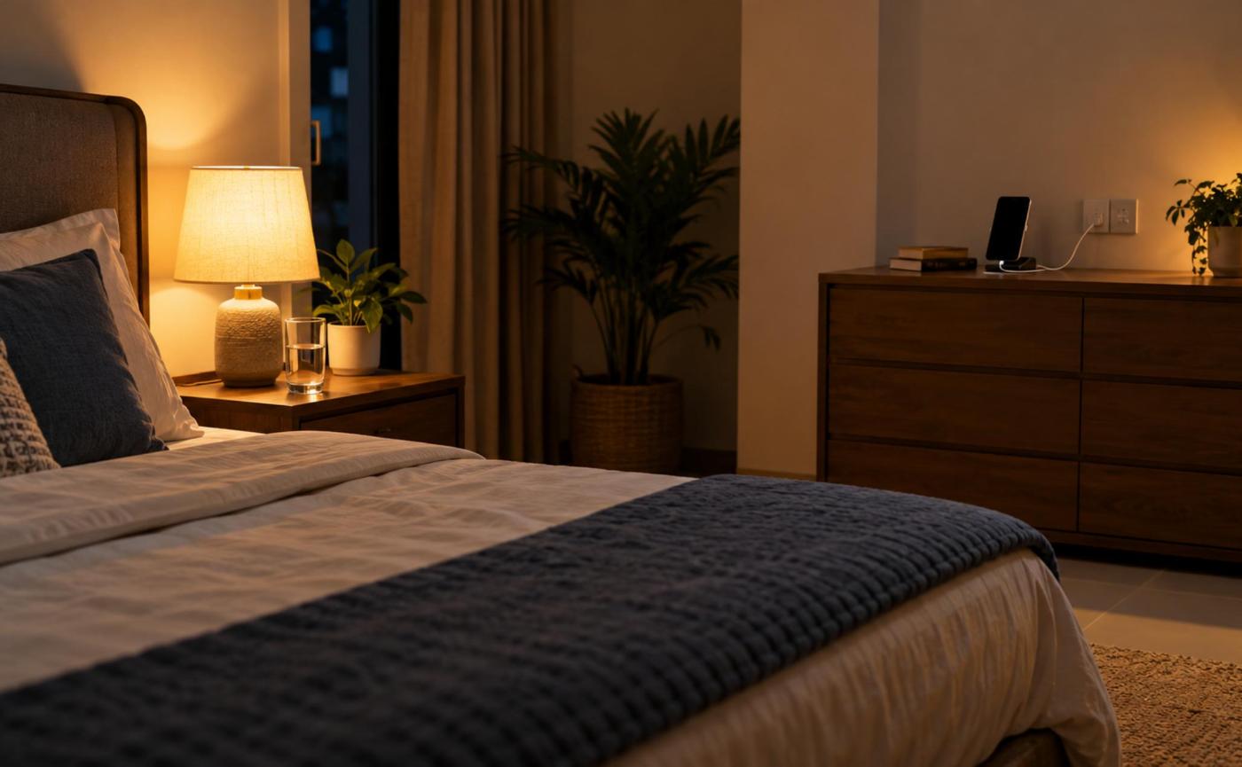 Calm bedroom at night with a lit lamp and glass of water by the bed and a smartphone charging on a dresser across the room