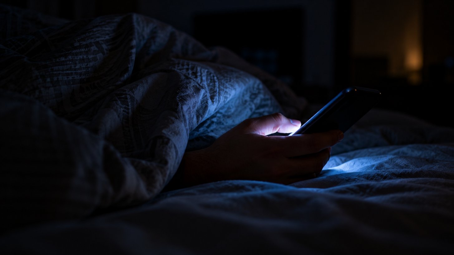 Hand holding a glowing phone under a blanket in the dark, a common habit behind sleeping less than 6 hours side effects