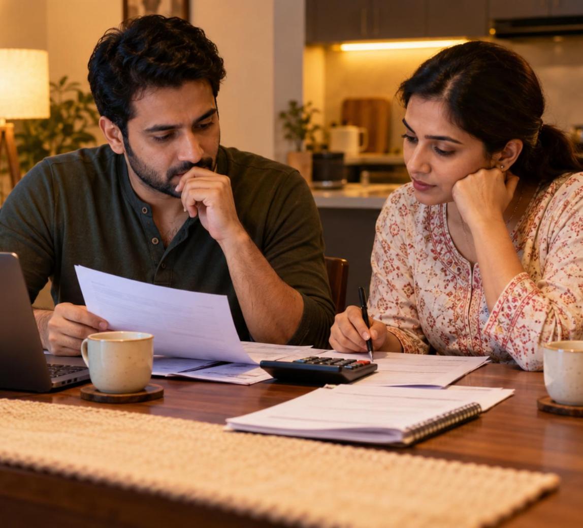 Indian couple at a kitchen table reviewing home loan papers with a calculator and laptop after the RBI repo rate hike