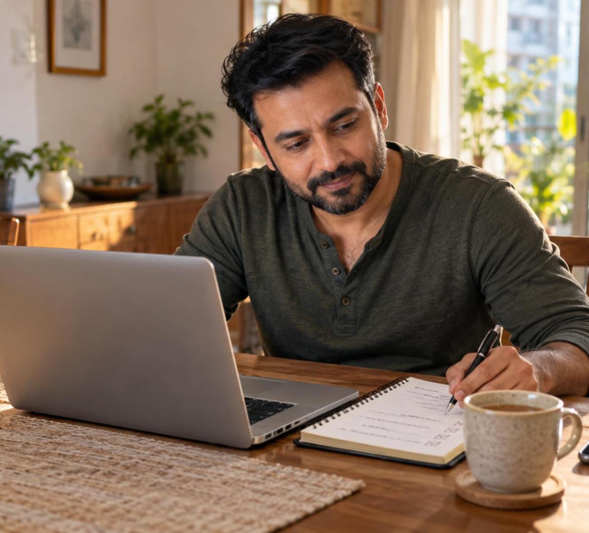 Man writing a tick-marked checklist in a notebook beside his laptop and a cup of tea on a sunny Saturday morning