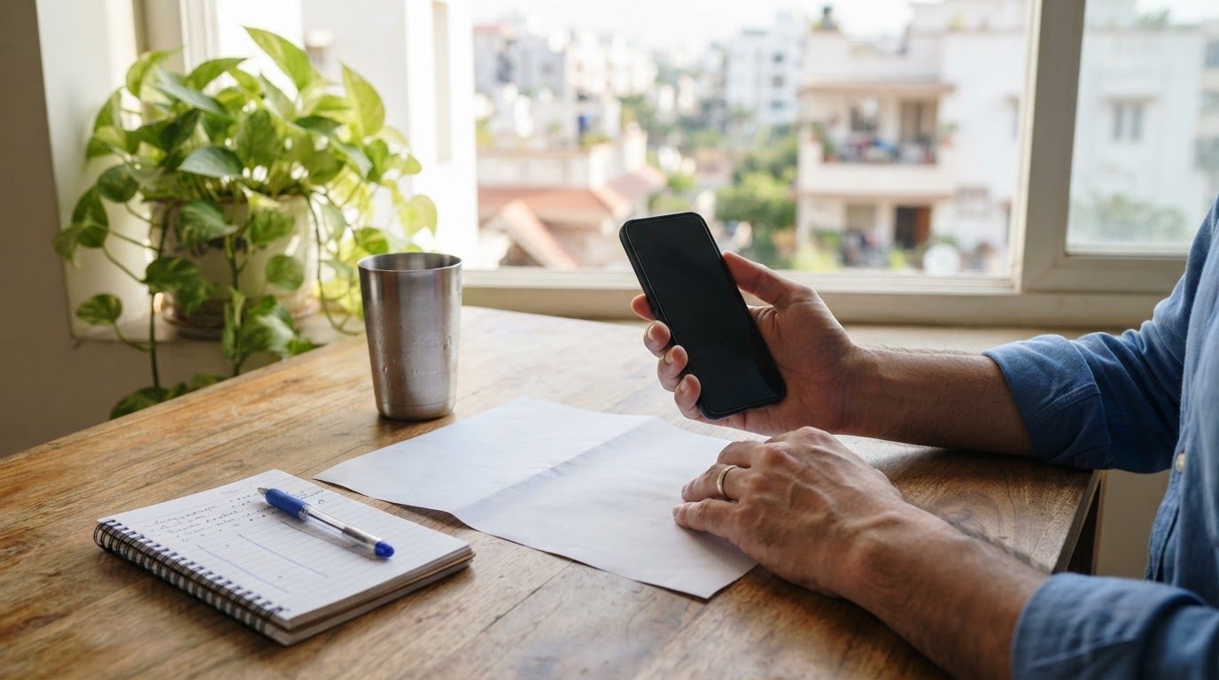Man holding a smartphone over a wooden desk with a notebook, pen and paper while checking his loan details