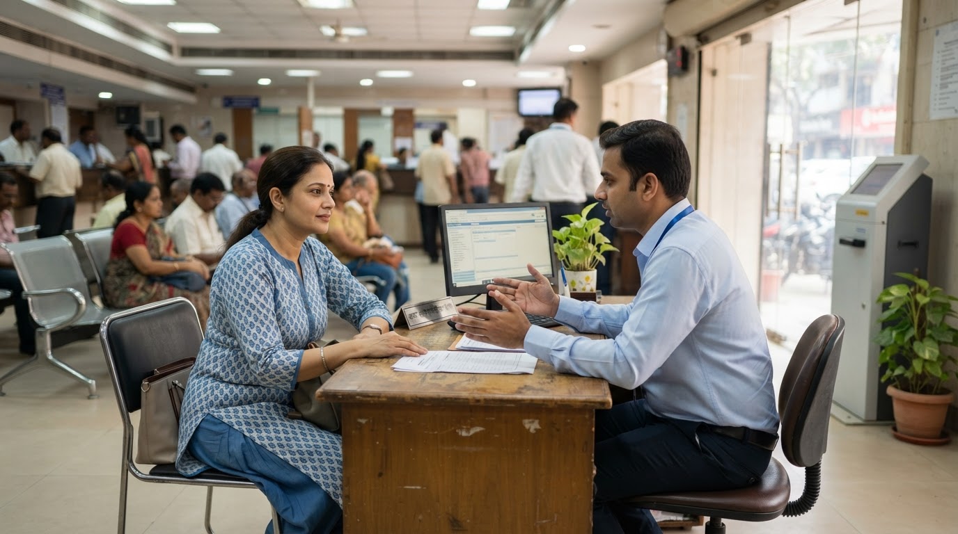 Woman discussing her loan with a bank officer at a desk inside a busy Indian bank branch