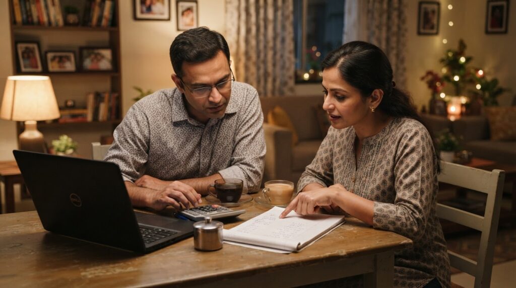 Indian couple at a dining table in the evening going through home loan figures with a laptop and notebook after the RBI repo rate hike