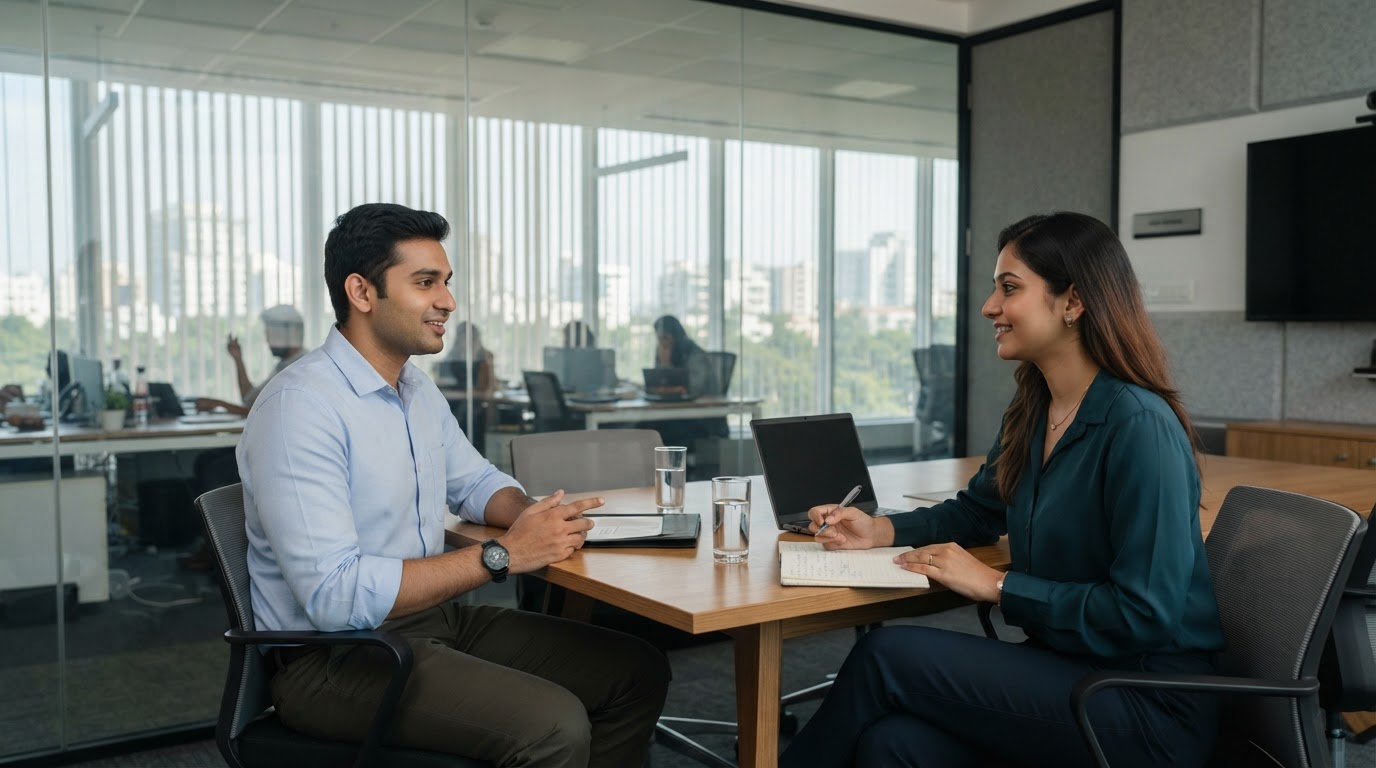 Man and woman talking across a table in a glass-walled Indian office meeting room about salary and payroll details