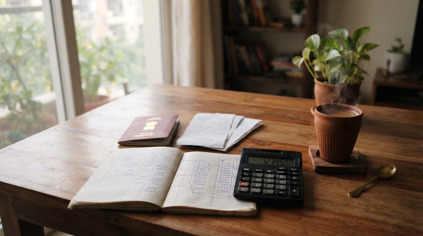 Notebook with handwritten tax calculations, a calculator, a passbook and a cup of tea on a wooden table beside a sunny window