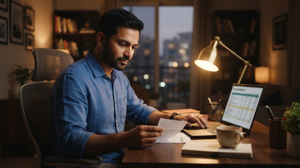Salaried man in a blue shirt reviewing a salary slip beside his laptop at a lamp-lit desk, working out salary tax saving india options